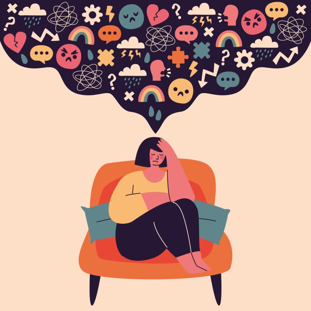 Illustration femme pensant trop avec pensées pleins la tête, overthinking, ruminations