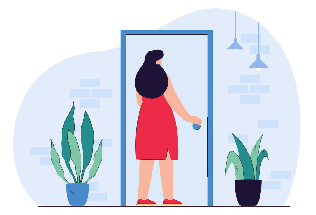 Personne hésitant à sortir de chez elle par une porte ouverte